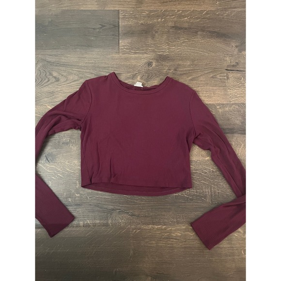 Garage Ribbed Long Sleeve Crop Top Burgundy Casual Fitted Shirt Large - Picture 1 of 3